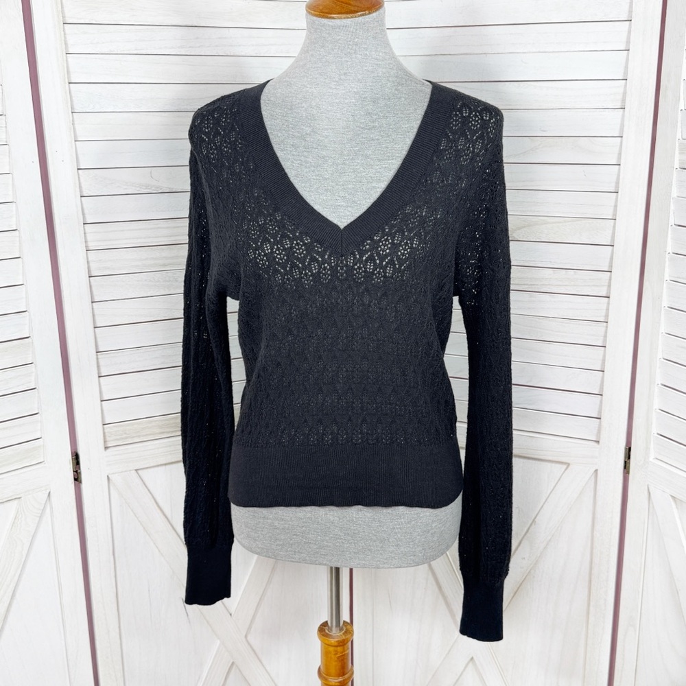 Halogen Pointelle Eyelet Mesh Linen‎ Knit V Neck Sweater Black Small